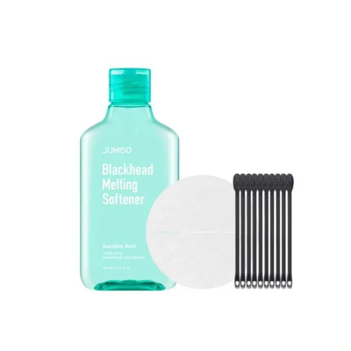 JUMISO Blackhead Melting Softener Special Kit is a gentle blackhead care set designed to soften and remove sebum while refining pores. The kit includes the Blackhead Melting Softener and cotton pads for easy use. Formulated with Succinic Acid and PHA, it helps loosen blackheads, smooth skin texture, and prevent clogged pores, while Cypress Water and soothing botanicals calm sensitive skin. The hydrating formula leaves skin clear, smooth, and comfortable.