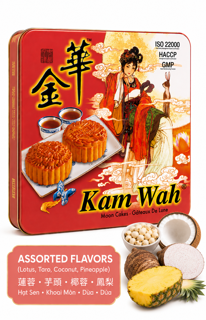 Kam Wah Assorted Mooncake collection featuring lotus seed, taro, coconut, and pineapple flavors