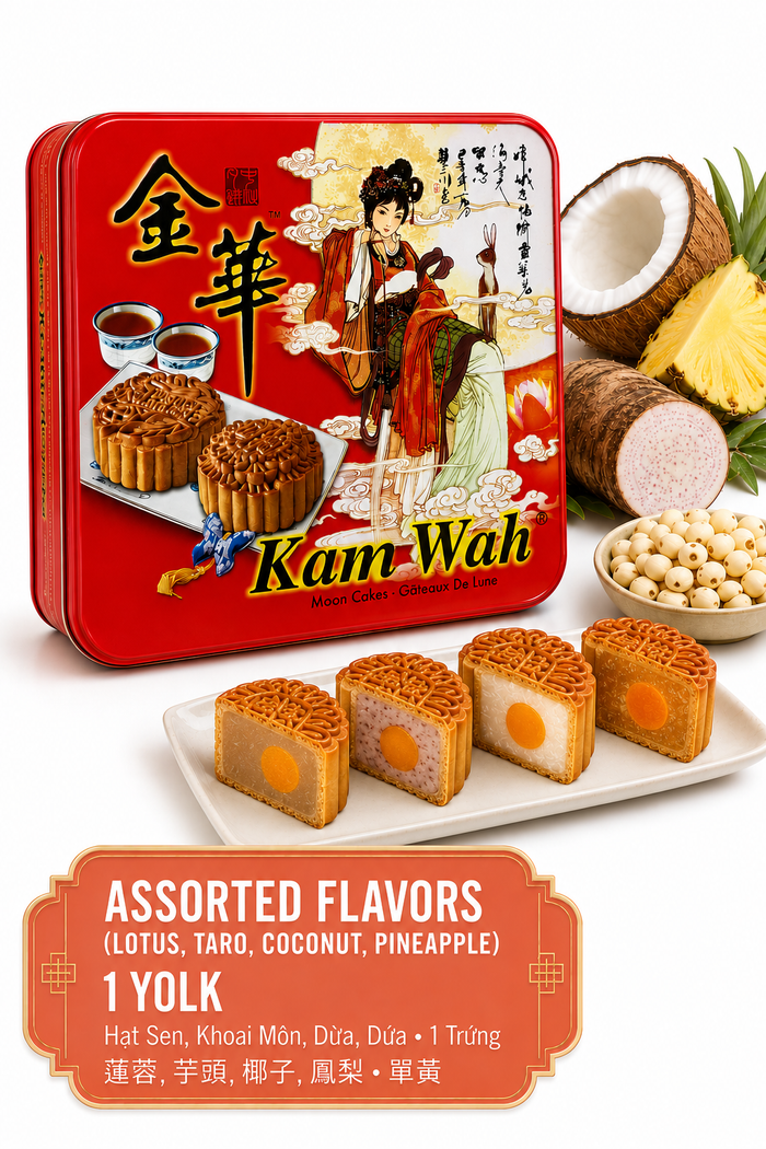 Hong Kong-style Kam Wah Assorted Mooncake assortment with lotus seed, taro, coconut, and pineapple fillings 1 yolk