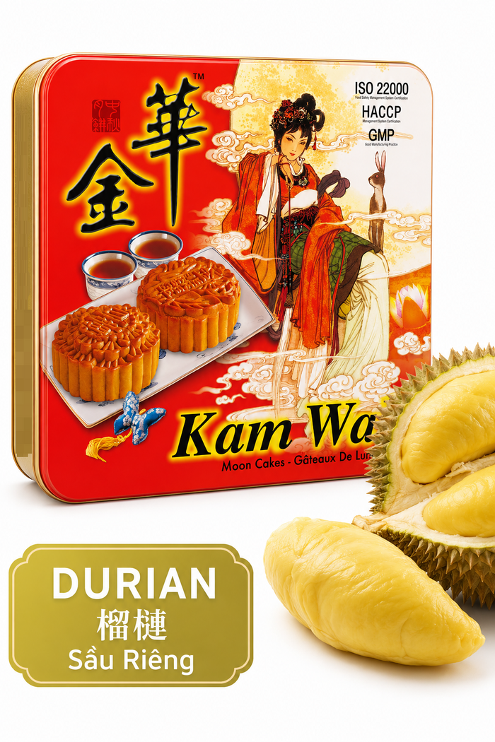 Kam Wah Durian Mooncake filled with fragrant durian paste and wrapped in a tender baked pastry