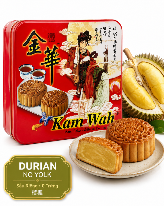 Premium Kam Wah Durian Mooncake featuring the bold tropical flavor of ripe durian fruit no yolk