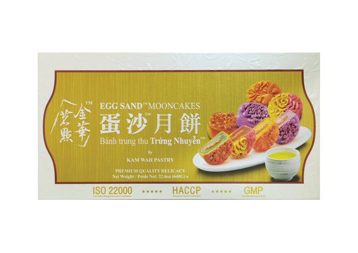 Kam Wah Egg Sand Mooncake with rich salted egg yolk filling and delicate flaky pastry crust