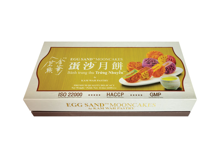 Premium Kam Wah Egg Sand Mooncake featuring buttery salted egg yolk center and melt-in-your-mouth texture