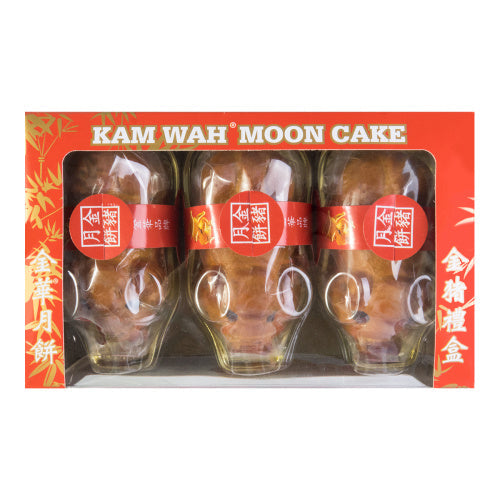 Authentic Kam Wah Golden Pig Mooncake featuring a decorative golden pig motif and rich filling lotus