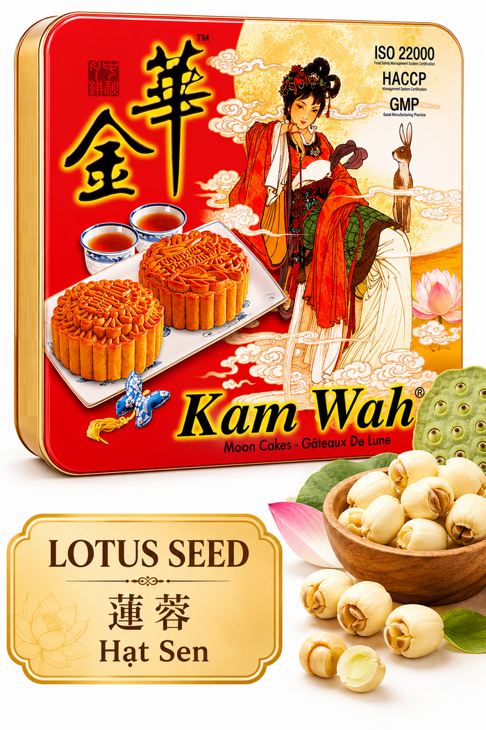 Premium Kam Wah Lotus Seed Mooncake showcasing intricate top pattern and sweet lotus seed filling for Mid-Autumn Festival