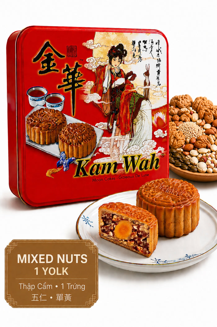Traditional Kam Wah Mixed Nuts Mooncake featuring crunchy assorted nuts and savory-sweet filling 1 yolk