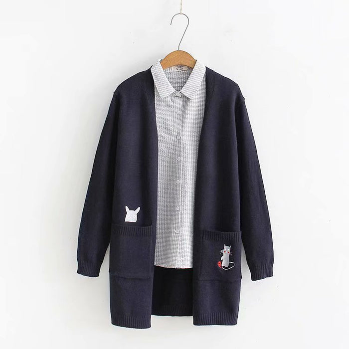 Kawaii Cat And Mouse Embroidery Loose Cardigan Sweater