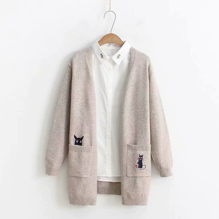 Kawaii Cat And Mouse Embroidery Loose Cardigan Sweater