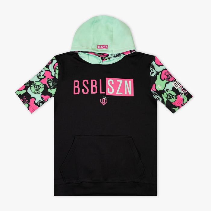 Black youth short sleeve hoodie with "King Of JUCO BSBL-SZN V3" design — front view
