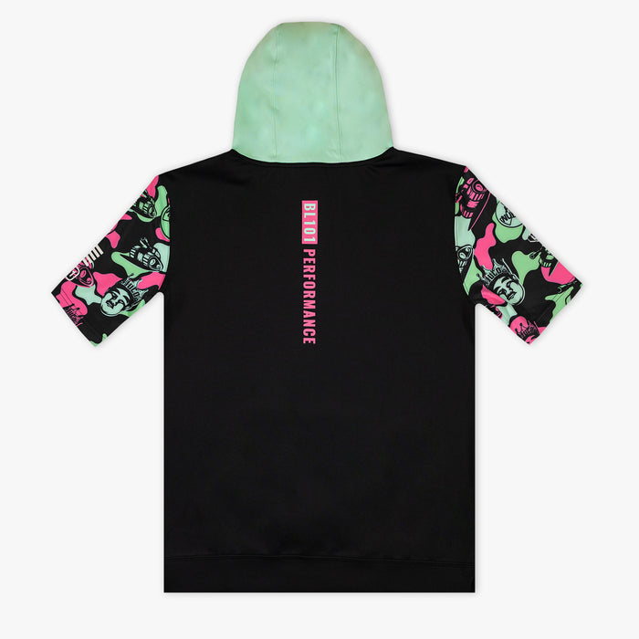 Black youth short sleeve hoodie with "King Of JUCO BSBL-SZN V3" design — back view