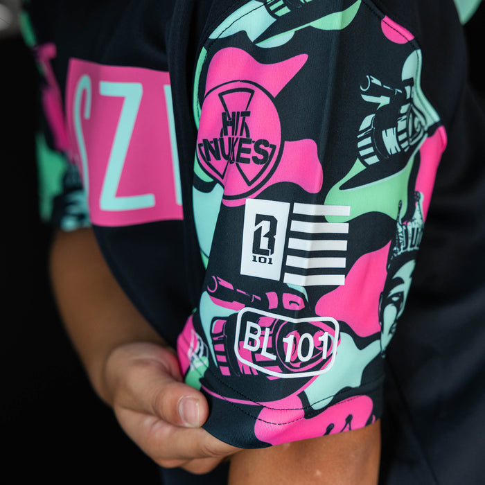 Youth model wearing black short sleeve hoodie with "King Of JUCO BSBL-SZN V3" design