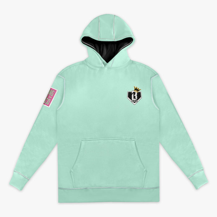 Teal youth hoodie with "King Of JUCO" design — front view