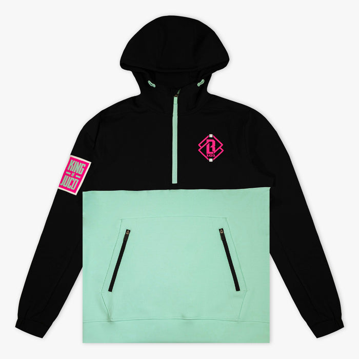 Teal youth quarter zip hoodie with "King Of JUCO" design — product view