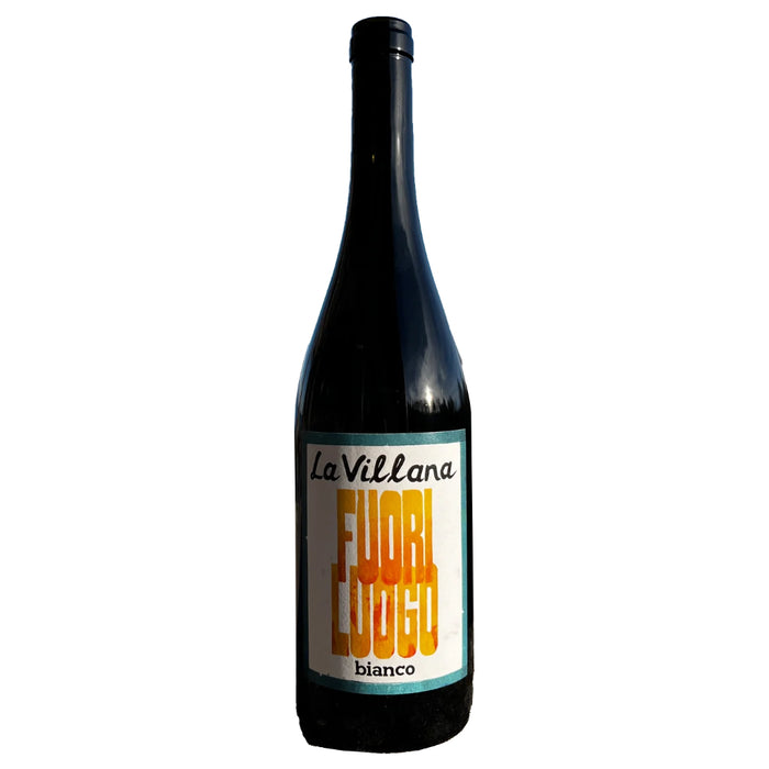 Wine bottle with dark glass and label reading La Villana Fuorluogo bianco