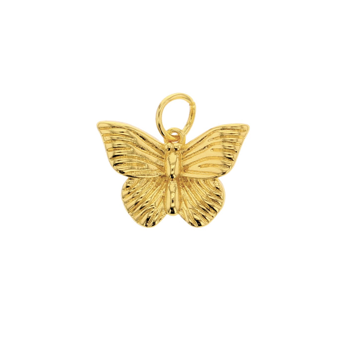 Large gold butterfly charm with top hanging loop and textured wings