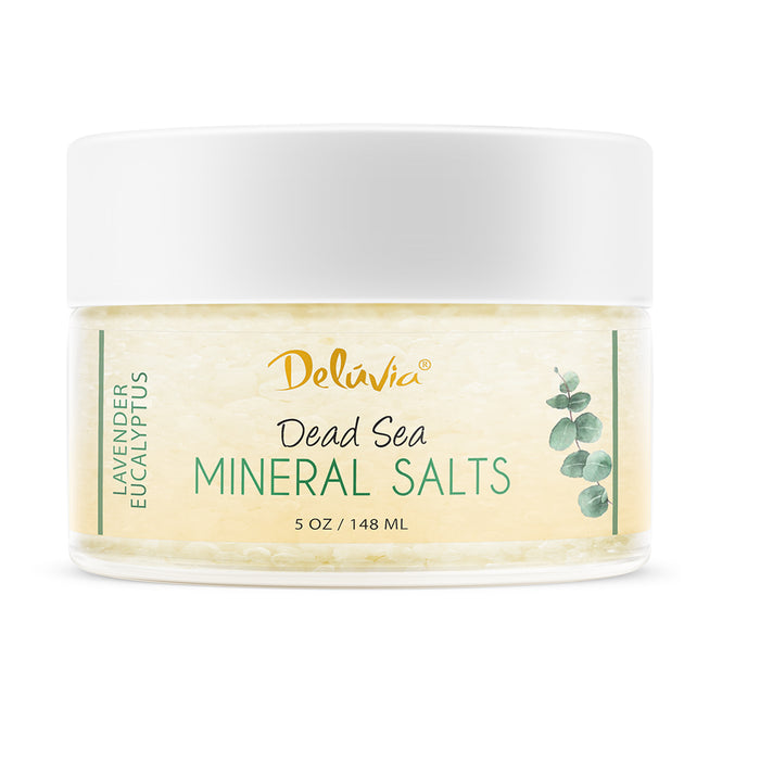 Jar of 5oz Deluvia Lavender Eucalyptus Dead Sea Mineral Salts Bodycare