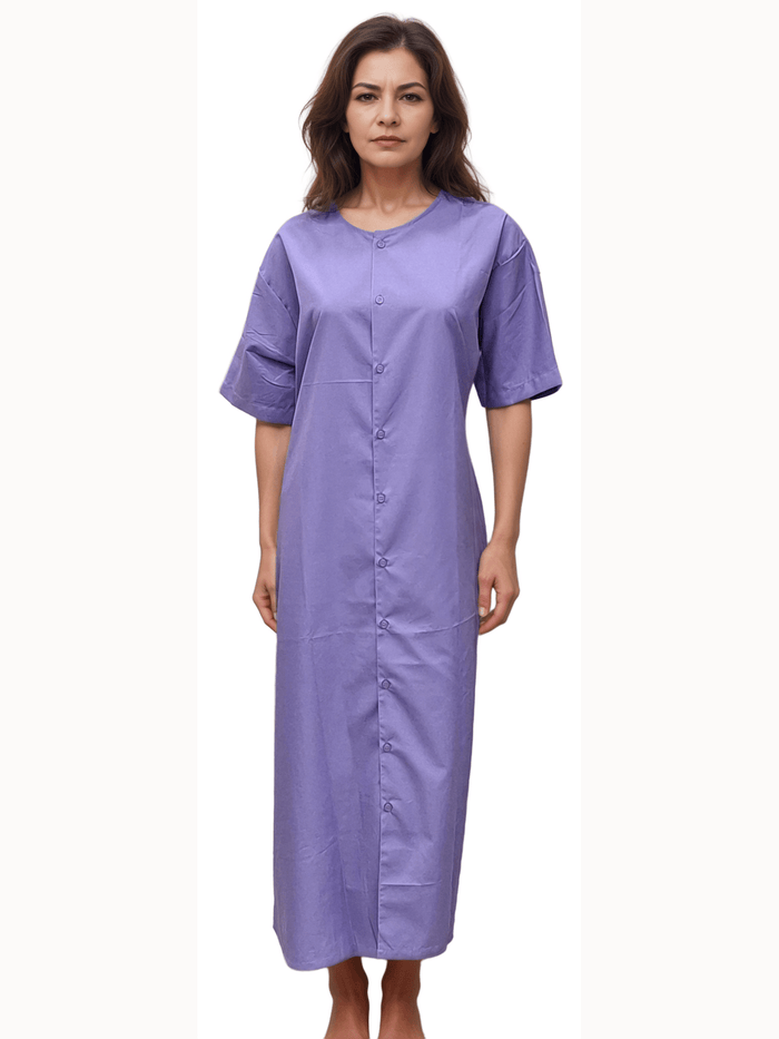 Lavender Patient Gown with Buttons by HICKORY - Comfortable and Stylish Option - J R GARMENTS