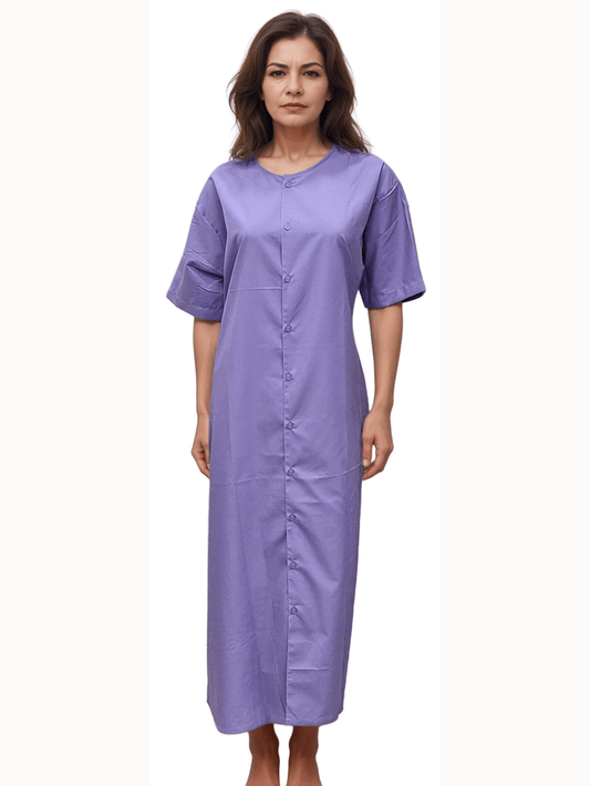 Lavender Patient Gown with Buttons by HICKORY - Comfortable and Stylish Option - J R GARMENTS