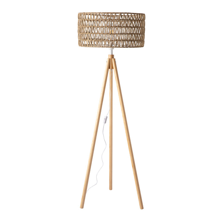 The Lexi Seagrass Natural Tripod Floor Lamp (165x45cm) features a wooden tripod base, woven rattan shade, white visible power cord and switch, inspired by coastal living style.