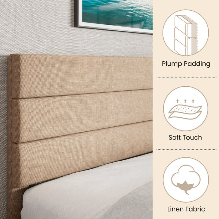 Lit plateforme Elison avec tête de lit rembourrée en tissu et sommier à lattes en bois, beige, taille King