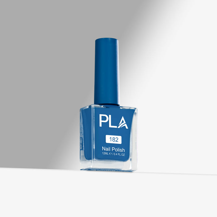 Blue nail polish bottle with 'PLA' branding on a gray background