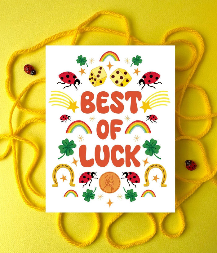 Lucky Charms good luck greeting card, 'Best of Luck' with rainbows and ladybugs
