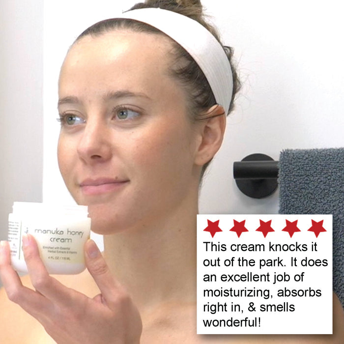 A close up of woman with an opening jar of Manuka Honey Cream  and a five star review in the foreground.