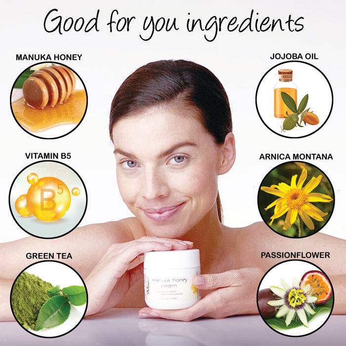 A woman holding a jar of Manuka Honey Cream and key ingredients Manuka Honey, Vitamin B5, Green Tea, Jojoba Oil, Arnica Montana, and Passionflower featured around her.