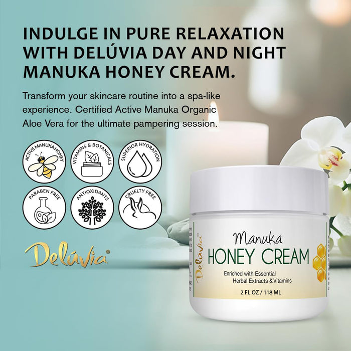 A jar of Manuka Honey Cream  with a candle and a flower in the background with featured points Active Manuka Honey, Vitamins & Botanicals, Superior Hydration, Paraben Free, Antioxidants, Cruelty free beside the jar.