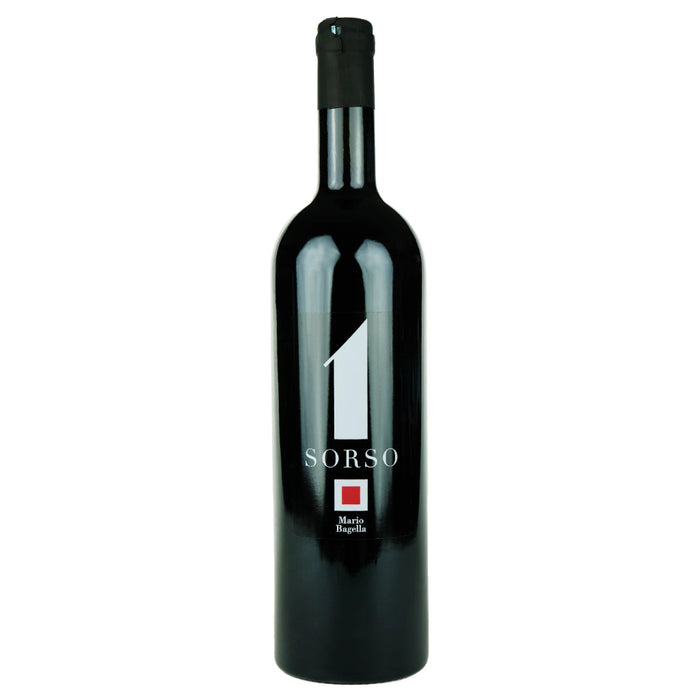 Mario Bagella wine bottle with SORSO label, black glass, cork top