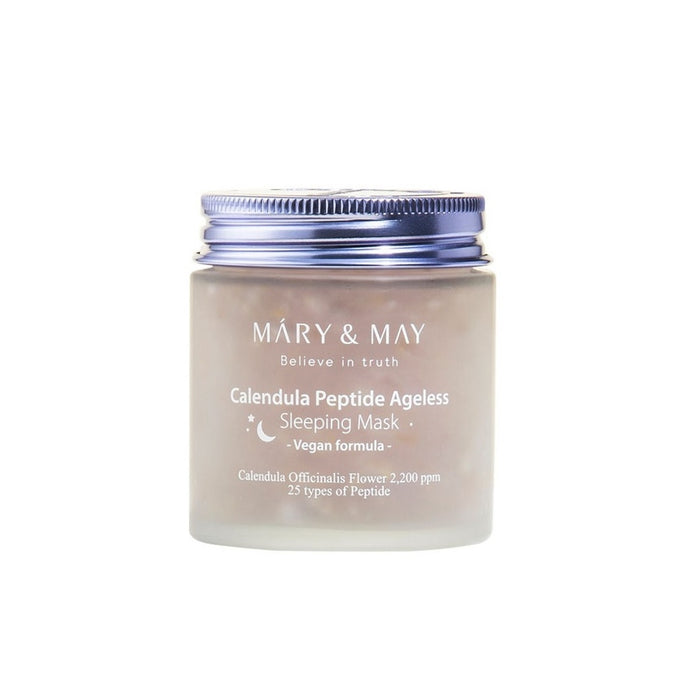MARY & MAY Calendula Peptide Ageless Sleeping Mask is a nutrient-rich overnight mask designed to rejuvenate and restore the skin while you sleep. Formulated with a blend of soothing Calendula and a potent mix of peptides, this mask promotes skin elasticity and reduces the appearance of fine lines. It features hydrating ingredients like Sodium Hyaluronate and Panthenol, alongside healing extracts from Centella Asiatica, Fig, and Rice Leaf/Stem to nourish and calm the skin. The inclusion of multip