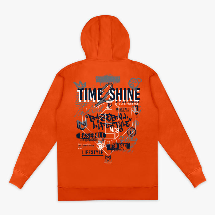 Orange hoodie with text and graphics on the back against a white background