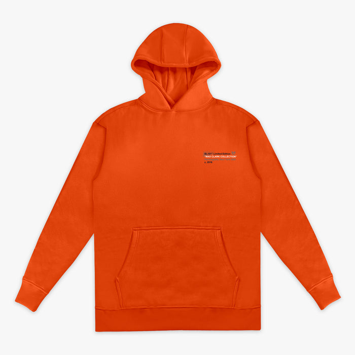 Orange hoodie with a small logo on the chest against a white background