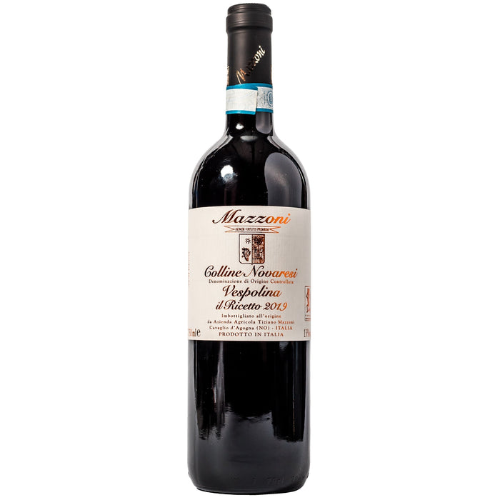 Mazzoni wine bottle with dark glass and colored neck label