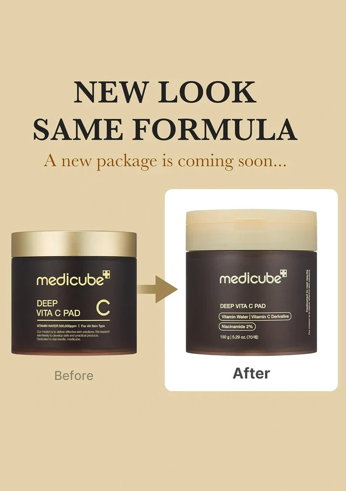 Before and after comparison of Medicube Deep Vita C Pad packaging on a beige background.