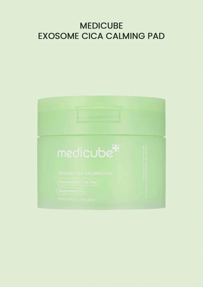 Green jar of Medicube Exosome Cica Calming Pad on a light green background