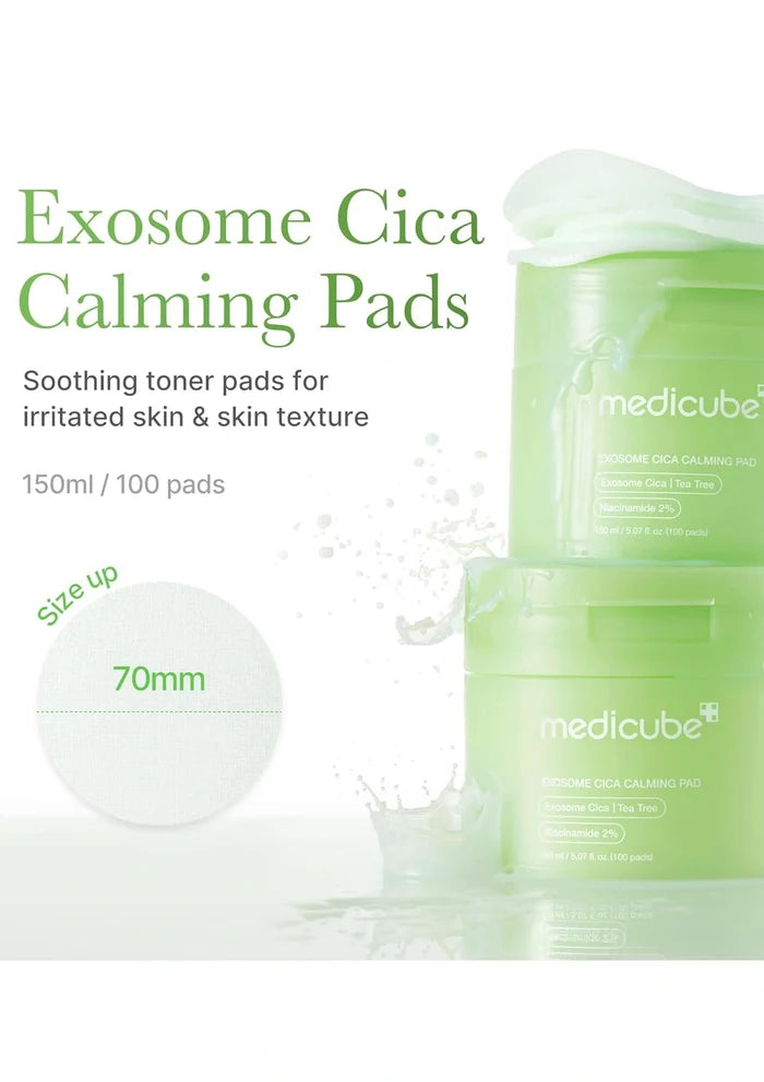 Medicube Exosome Cica Calming Pads packaging with product details on a white background