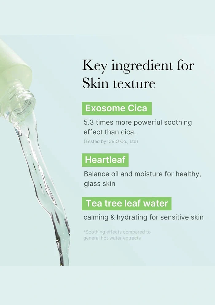 Product description with exosome cica, heartleaf, and tea tree leaf water on a light blue background