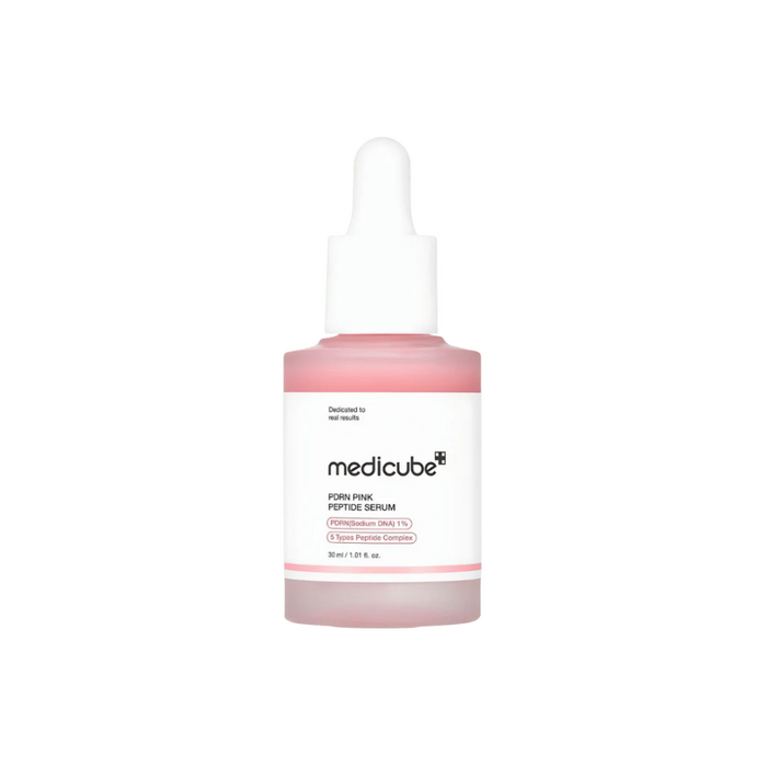 MEDICUBE PDRN Pink Peptide Serum is a rejuvenating serum designed to enhance skin elasticity and reduce the appearance of wrinkles. Formulated with a potent blend of peptides, including Copper Tripeptide-1 and Palmitoyl Pentapeptide-4, it effectively stimulates collagen production to firm and smooth the skin. Niacinamide brightens and evens out skin tone, while Sodium DNA and Hydrolyzed Collagen provide deep hydration and repair. Additional extracts like Turmeric and Neem soothe and protect the