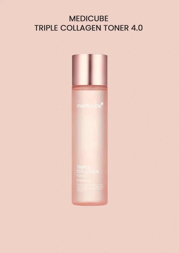 Medicube Triple Collagen Toner 4.0 bottle on a pink background