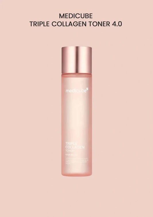 Medicube Triple Collagen Toner 4.0 bottle on a pink background