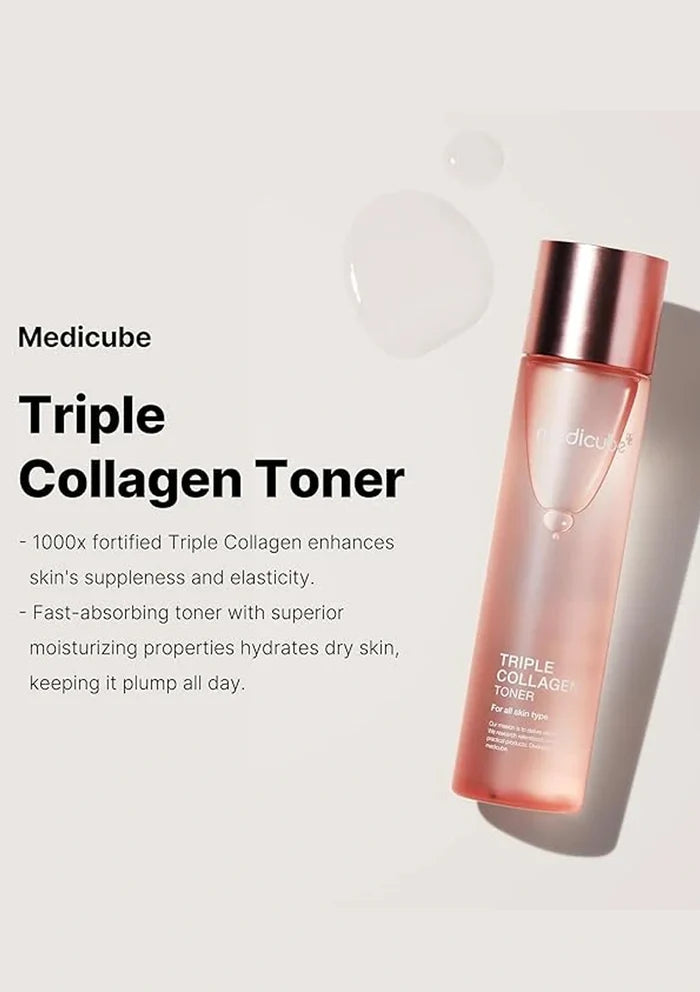 Medicube Triple Collagen Toner bottle on a light gray background