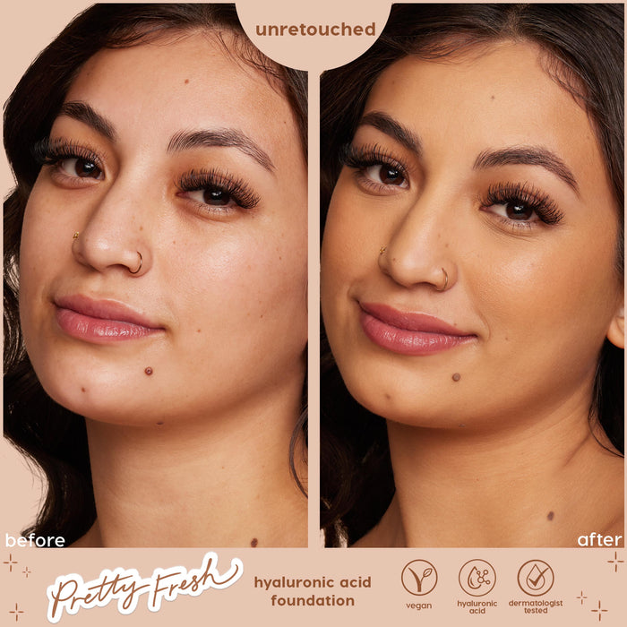 Split-screen face shows unretouched before-and-after wear of ColourPop Hyaluronic Hydrating Foundation, shade Medium 100 W; left bare skin, right smoother, even-toned, natural glow; hyaluronic acid formula, vegan, dermatologist tested.