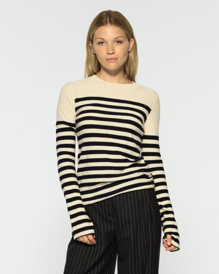 Merino Wool Striped Fitted Jumper - Cream / Navy Blue