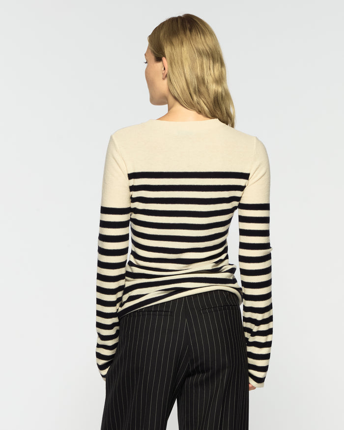 Merino Wool Striped Fitted Jumper - Cream / Navy Blue