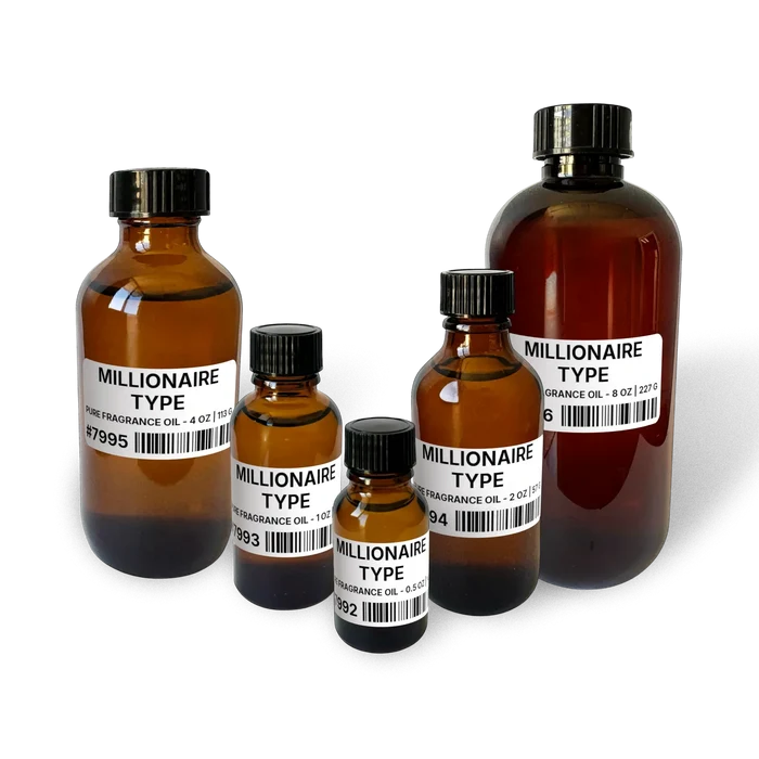 Millionaire Type Pure Fragrance Oil - 2 lb | 907 g bottle image for Pure Fragrance Oil 2 lb. Composite bottle lineup showing 0.5 oz, 1 oz, 2 oz, 4 oz, and 8 oz sizes.