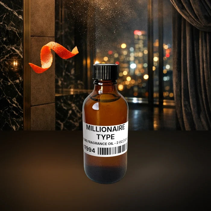 Millionaire Type Pure Fragrance Oil - 2 oz | 57 g fragrance bottle image with atmospheric background for Pure Fragrance Oil. Premium lifestyle product photo for fragrance listing.