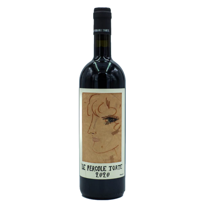Montevertine Le Pergole Torte 2020 wine bottle with illustrated portrait label