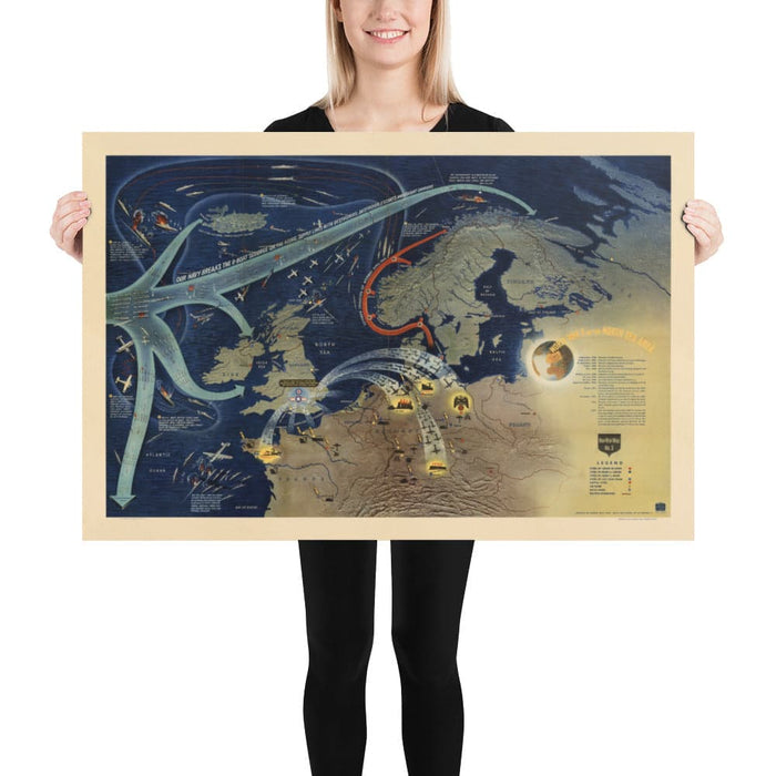NavWarMap No. 3 - Old World War 2 Map, 1944 - Western Front, Allies vs. Nazi - US Navy Educational & Propaganda Map