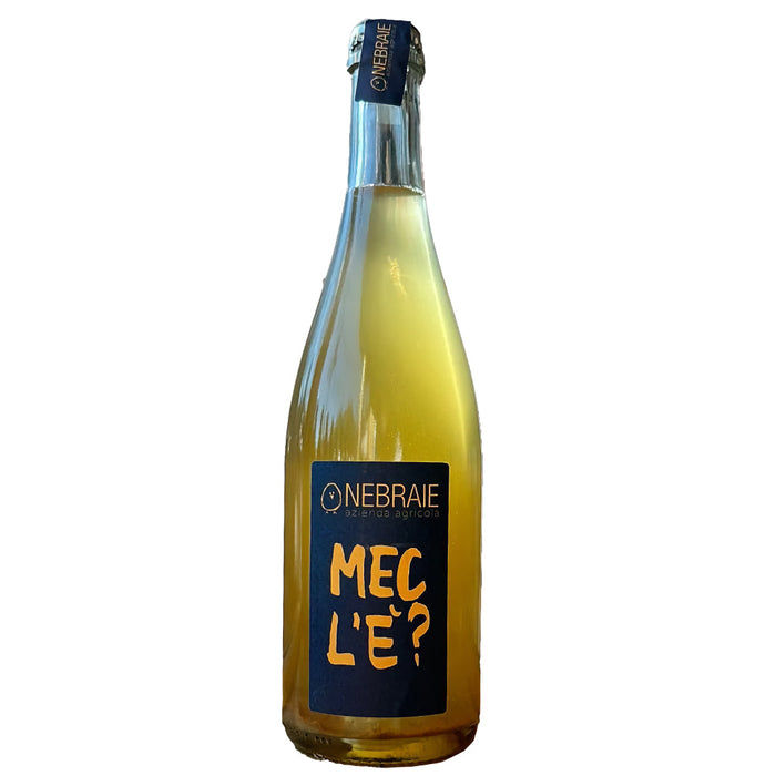Nebraie Mec L'E Pet Nat 2020 wine bottle, yellow glass, dark blue label